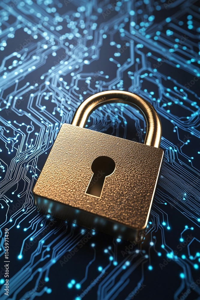 Aufkleber register and enrollment security check, lock icon with digital firewall visuals, futuristic tech env