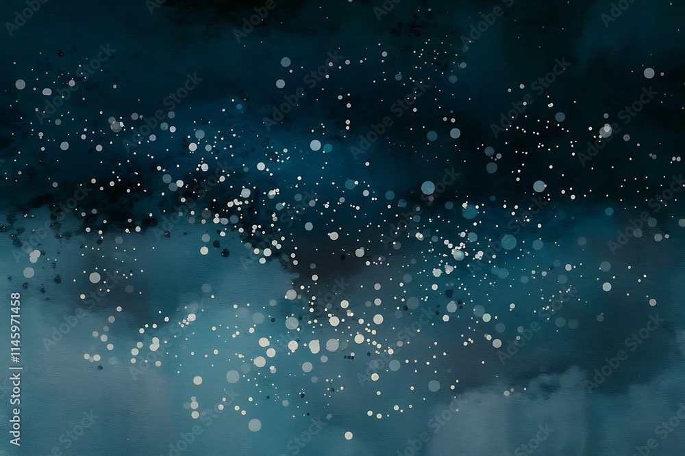 Poster midnight blue background with soft, luminous white points shimmering across the surface. the dots va