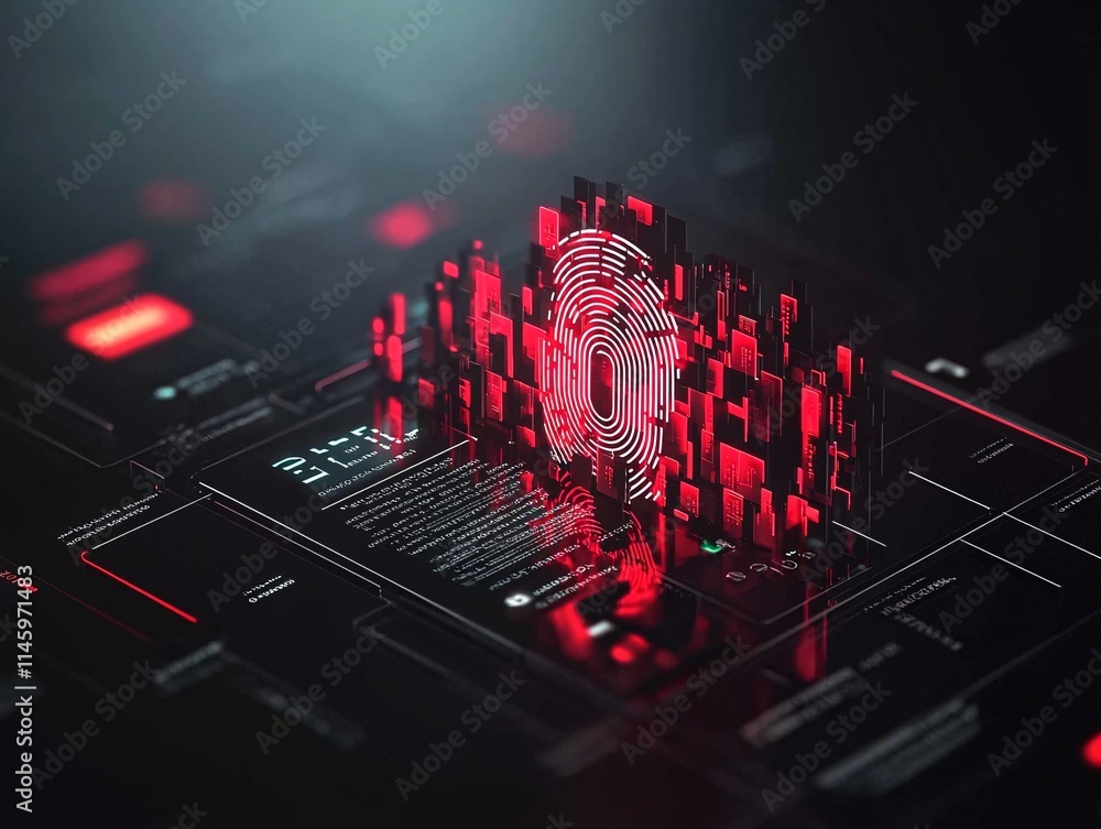Poster register and enrollment verification, holographic fingerprint scanning in motion, glowing biometric 