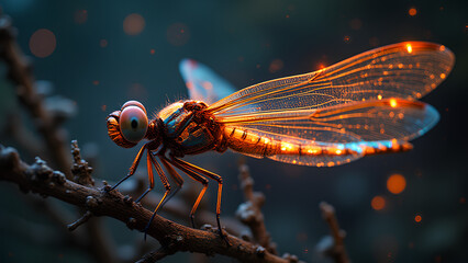 Naklejka premium An otherworldly portrayal of a mechanical dragonfly using Bioluminescent Dreamscape Mapping