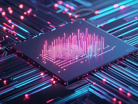 register and enrollment verification, holographic fingerprint scanning in motion, glowing biometric data lines, futuristic UI design, high-tech security in sharp focus