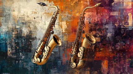 Naklejka premium Artistic collage of instruments like saxophones and trumpets, set against a textured background evoking a lively jazz club.