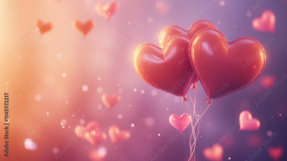 Aufkleber heart-shaped balloons in vibrant red ascend gracefully in a whimsical background of soft colors.