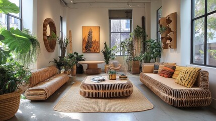 Artistic display of upcycled cardboard furniture in a cozy living space.