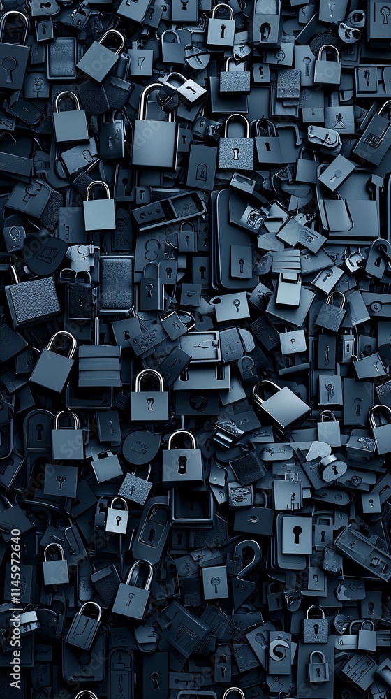 Poster a digital concept of login security with icons of padlocks, checkmarks, and password fields overlaid
