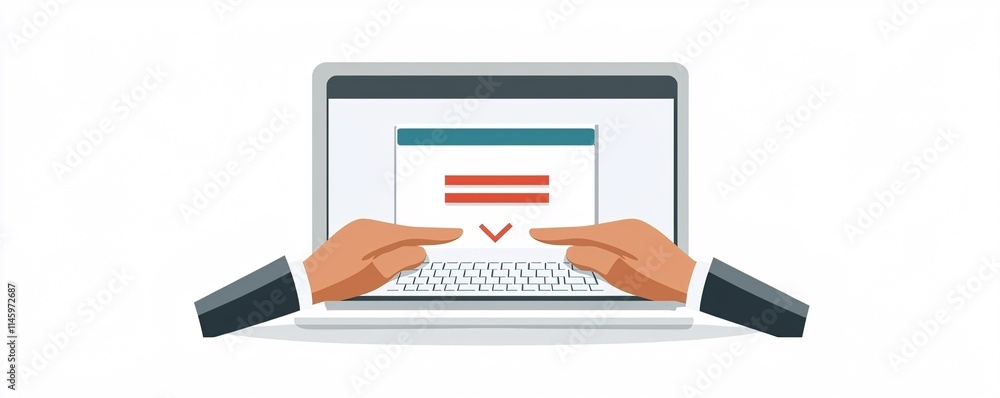 Poster hands typing on a keyboard while confirming account submission on an online platform with a progress