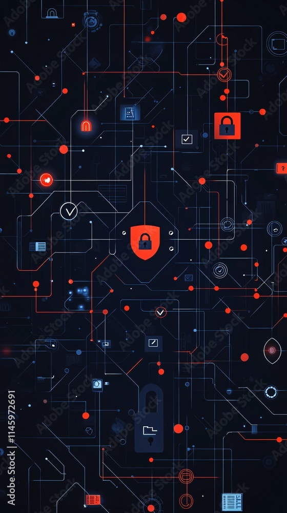 Poster a digital concept of login security with icons of padlocks, checkmarks, and password fields overlaid