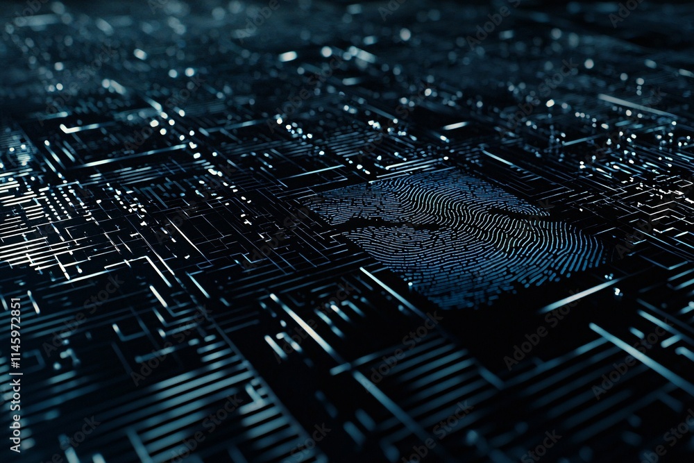 Poster conceptual image of secure identity registration featuring fingerprint scans and digital face recogn