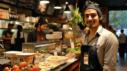 A genial young man working as a cashier in a bustling cafe, his amiable expression and casual attire contributing to the warm and friendly ambiance of the eatery.