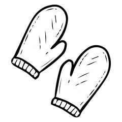Warm mittens hand drawn doodle. Clothing accessory to protect palms from cold. Knitted gloves. Fabric wardrobe item for walking and sports. Vector line art illustration.