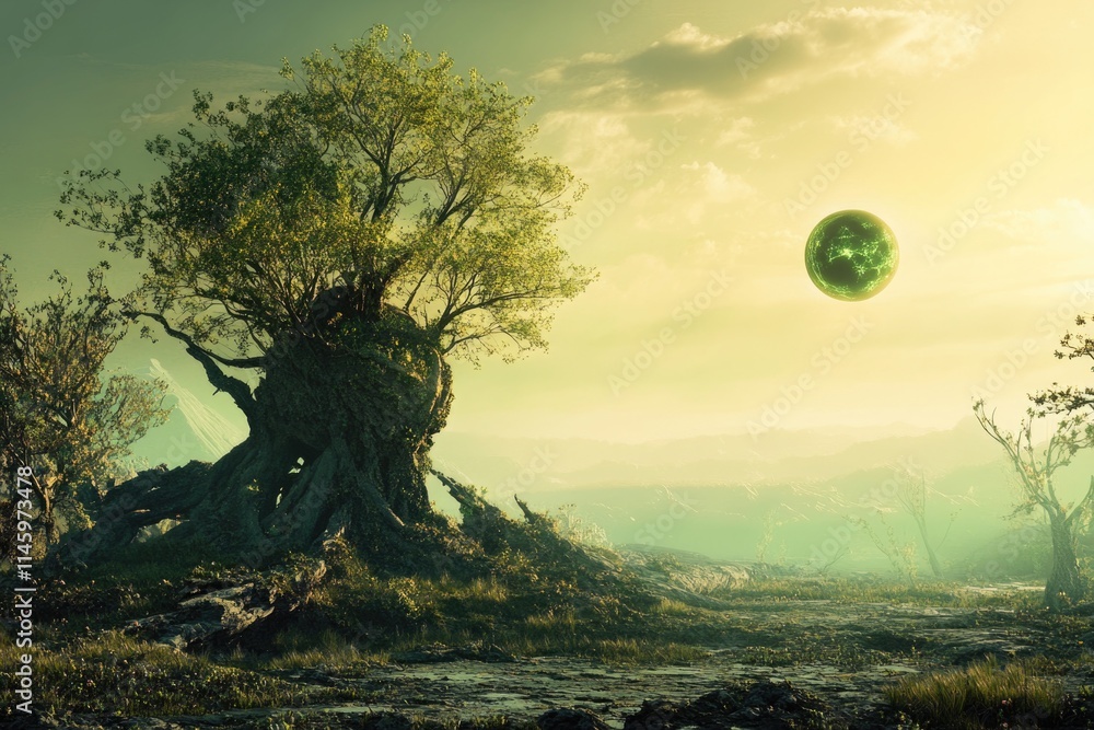 Poster a large tree stands alone in a green open field