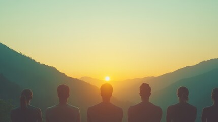 group fitness activity in scenic mountain setting showcasing people in athletic poses with stunning sunrise in background