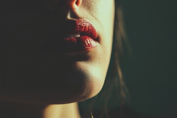 A close-up shot of a woman's face with bold red lipstick