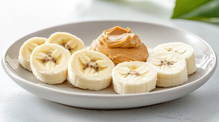 Sliced bananas with peanut butter on a plate.