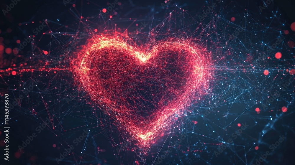 Poster abstract digital heart shape with connecting lines and node points representing love, emotion, and t