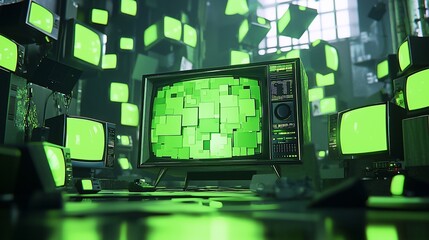 Fototapeta premium Retro TVs with green screens floating in a dark room.