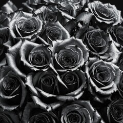 A monochrome bouquet of black roses on a silvery metallic background.