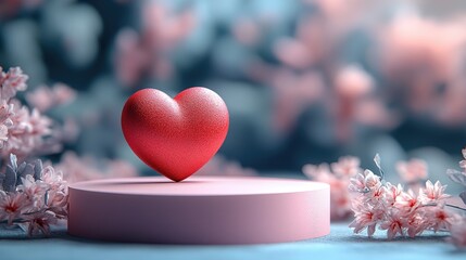 A red heart sits atop a pink platform