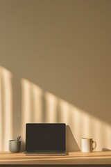 minimalist desk setup featuring closed laptop ceramic mug and small digital clock with soft natural light creating