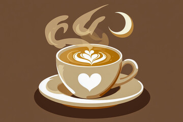 Obraz premium Vector flat logo of a cappuccino with heart-shaped foam on a brown background,