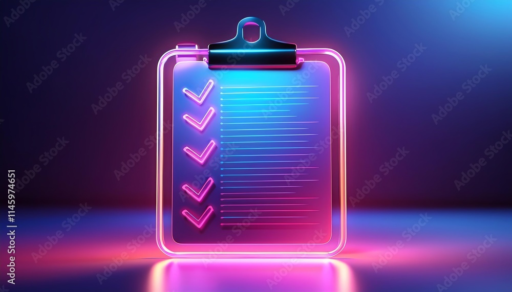 Poster a glowing clipboard with checkmarks under colorful lighting, symbolizing task completion and organiz