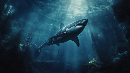 Fototapeta premium Majestic great white shark powerfully navigating ocean depths