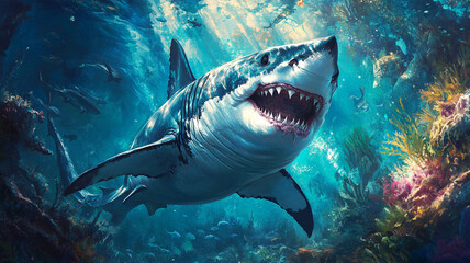 Fototapeta premium Majestic great white shark powerfully navigating ocean depths
