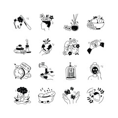 A collection of line art illustrations representing various aspects of wellness and self care