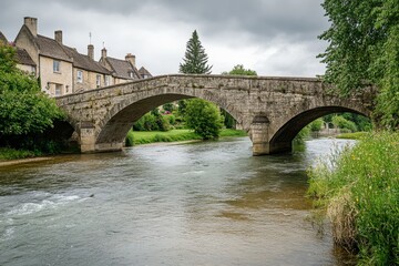 Naklejka premium A quaint stone bridge arches over a gently flowing river, surrounded by classic cottages and lush greenery under a moody sky, evoking rustic charm and tranquility.