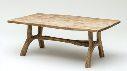 Fototapeta premium Rustic wooden dining table with natural grain and unique curved legs isolated on a white background.