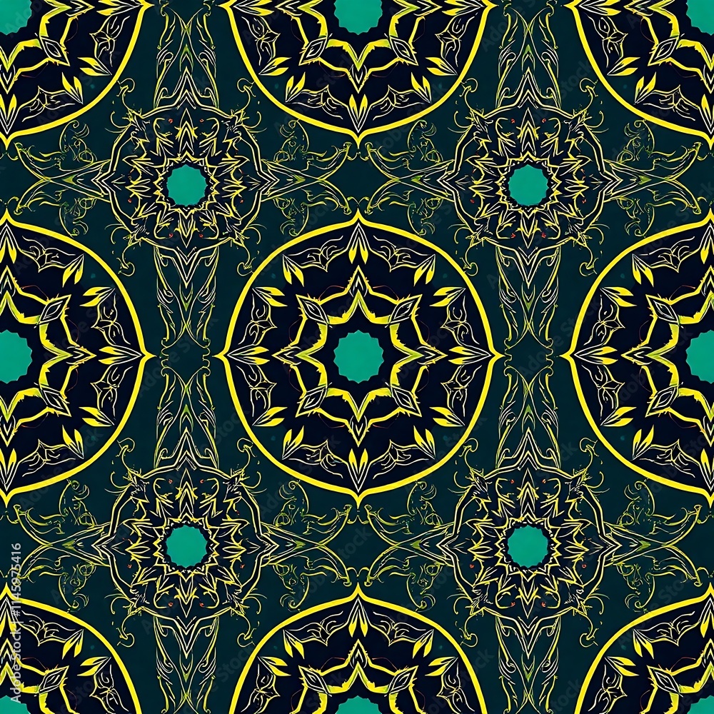 Poster intricate mandala pattern in teal and gold: a mesmerizing seamless pattern featuring intricate manda