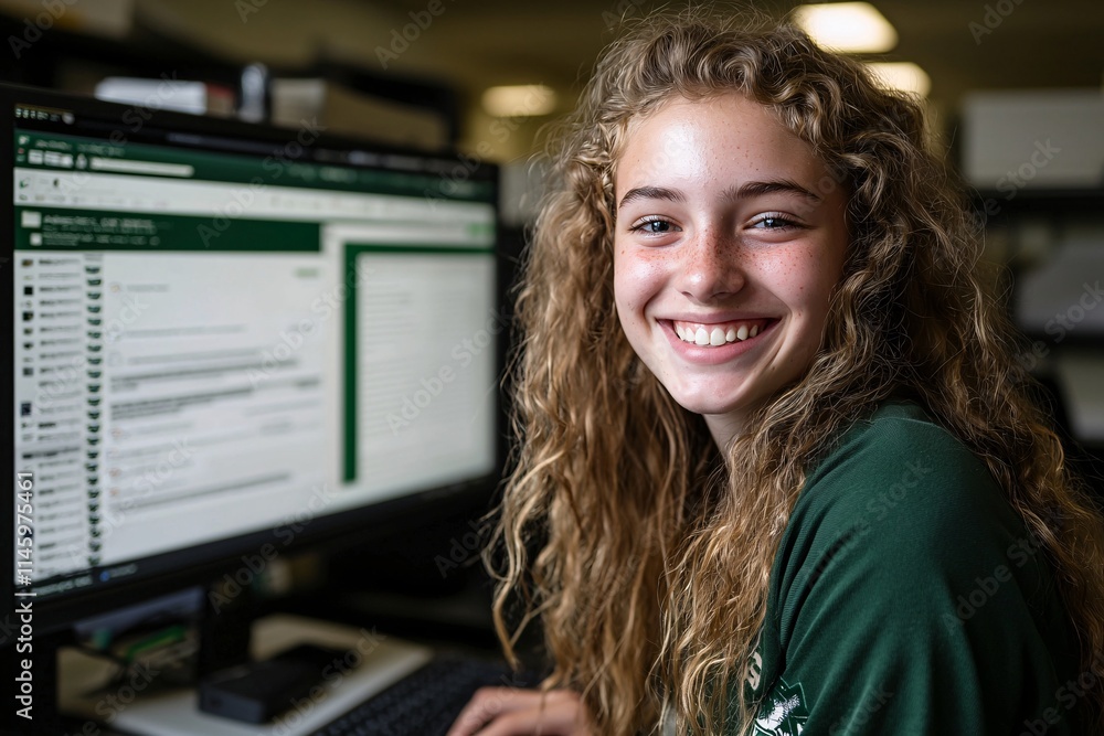 Poster a smiling professional logging into an enrollment portal on a computer, emphasizing security and use