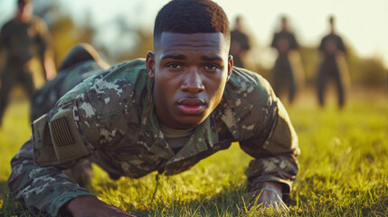 Obraz premium Focused Young Soldier Training on Field during Military Drill, with Other Soldiers in Background Preparing for Exercise in Natural Environment