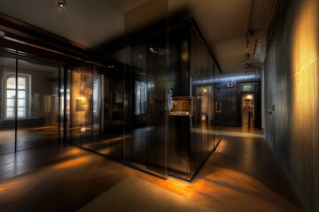 A room with glass walls and a wooden floor, perfect for working remotely or as an office space
