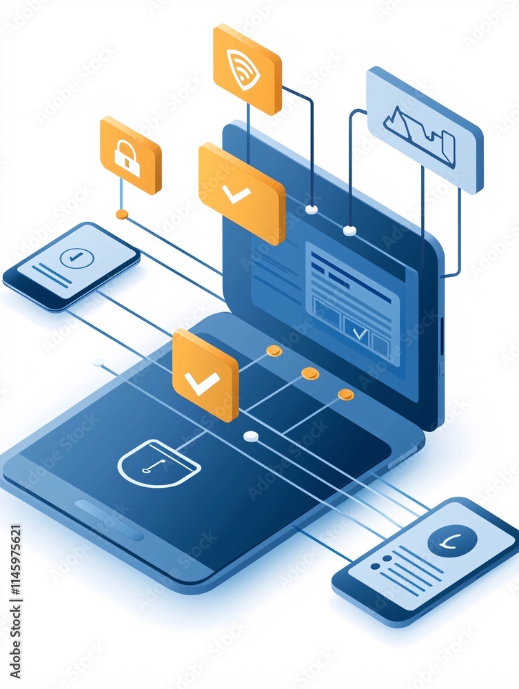 Poster a digital illustration of identity verification steps during online registration, featuring checkmar