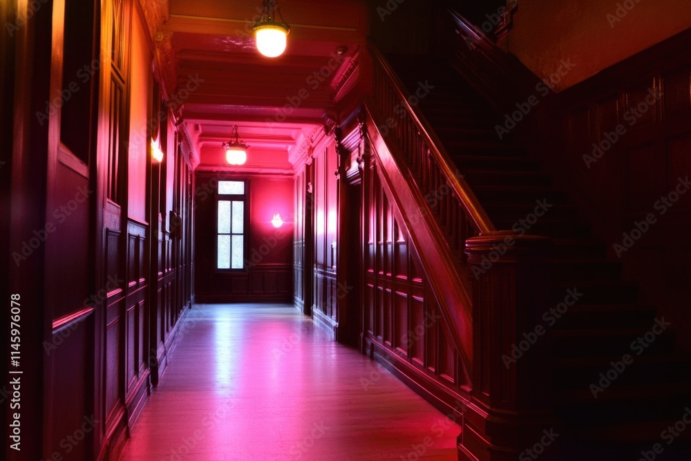Poster a long hallway with a bright red light in the middle, ideal for use as a backdrop or to add warmth t