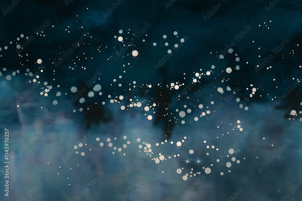 Poster midnight blue background with soft, luminous white points shimmering across the surface. the dots va