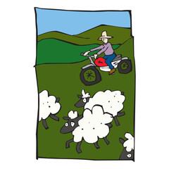 Farmer riding a motorcycle next to sheep on the farm vector design