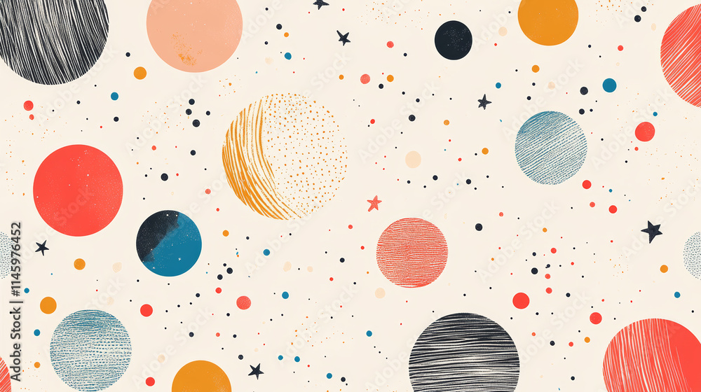 Poster colorful pattern of planets and stars set against a light background in a creative celestial design