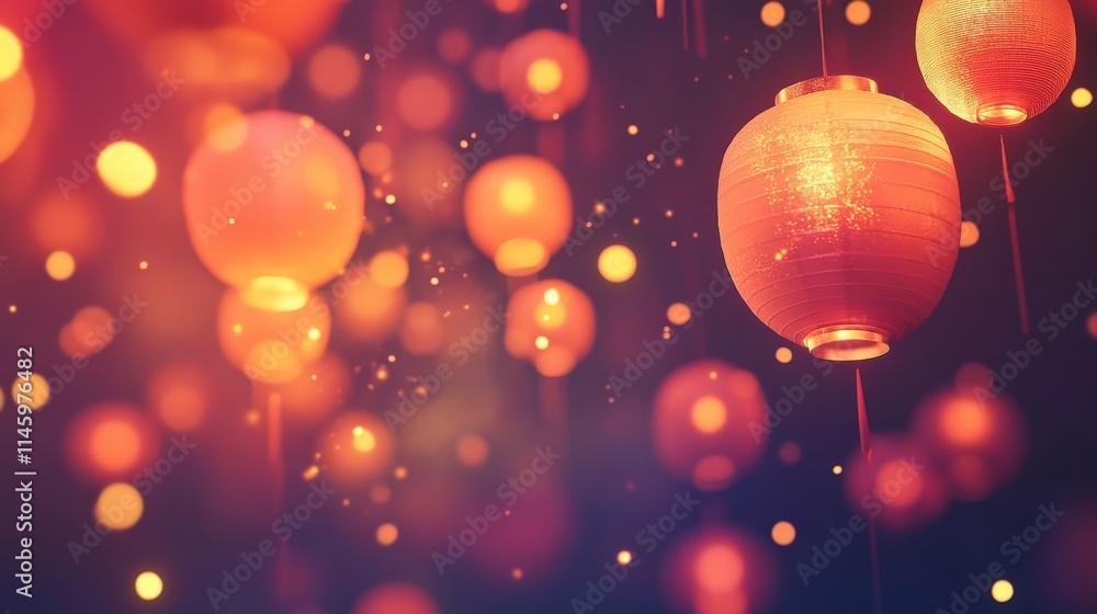 Poster festive red lanterns with soft bokeh background creating a warm and inviting atmosphere for celebrat