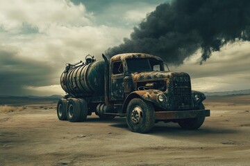 Obraz premium An old truck with a black smoke plume, ideal for scenes where something is going wrong or needs repair