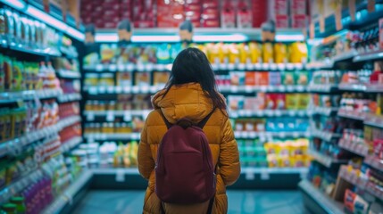 Obraz premium Person shopping in a brightly lit supermarket aisle