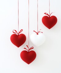Three charming hearts, one red and two white, dangle gracefully from delicate strings against a pristine white backdrop, embodying love's sweet essence.