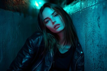 Mysterious Woman in Neon Light  Urban Night Portrait