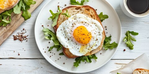 Rustic breakfast served on a white wooden surface featuring ciabatta topped with poached egg and grain mustard, complemented by a hot cup of coffee and fresh ingredients for a delightful meal.