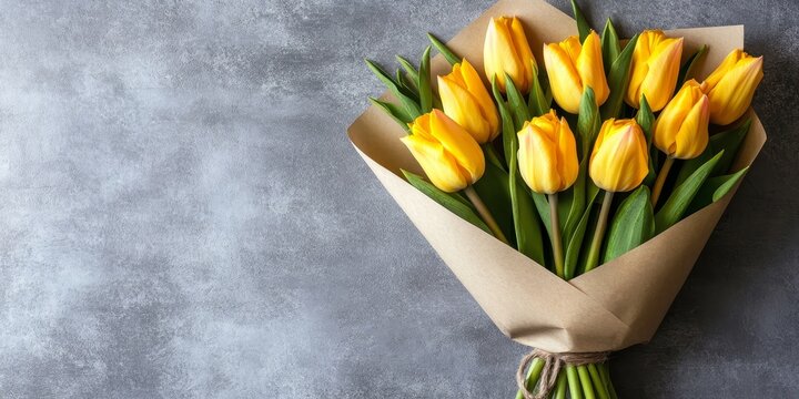 Beautiful spring flowers featuring vibrant tulips against a gray background. This arrangement of yellow tulips includes space for text and showcases a bouquet elegantly wrapped in kraft paper.