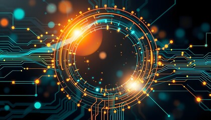 Fototapeta premium Futuristic digital abstract with glowing circuits and bright particles in a technology-inspired design