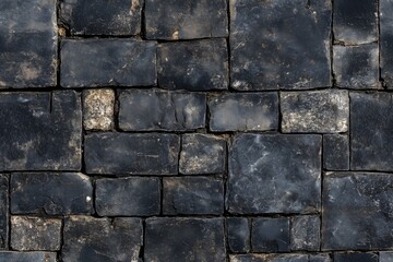 Fototapeta premium Seamless textured stone pavement with dark, weathered stones arranged in a pattern. The surface shows signs of wear and dirt, adding character to the stones.
