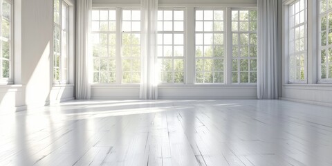 An empty room featuring white wood flooring and large windows creates a clean atmosphere, yet the absence of light gives the empty room a unique character and tranquil ambiance.