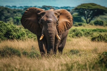 A majestic elephant walks through a lush green meadow, its tusks gleaming in the sunlight